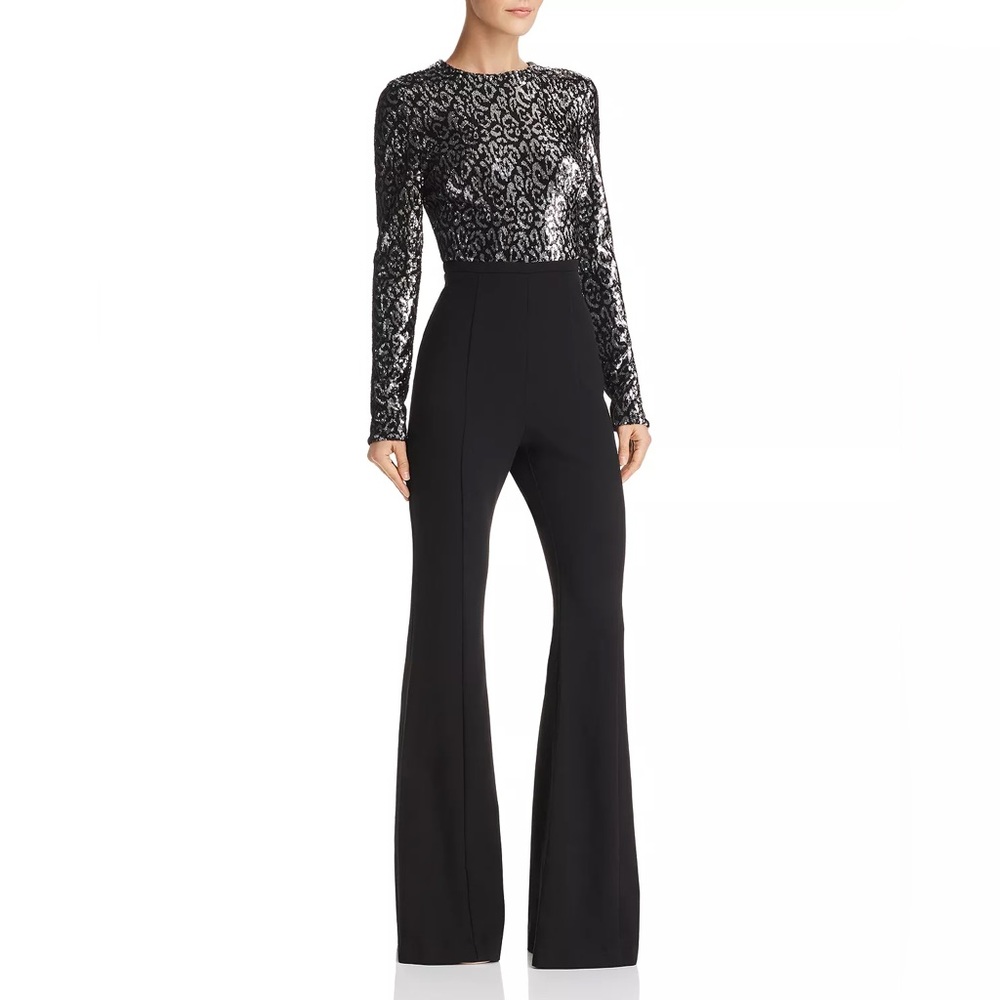 NWOT Black Halo Lazaro Black/Silver Long Sleeve Sequin Cocktail Jumpsuit Size 8